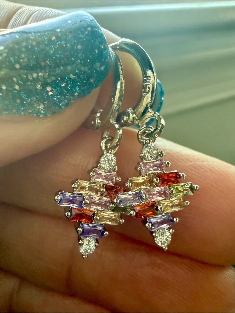 NEW! 14k White Gold Plated with Multicolored Crystal Drop Hoop Earrings